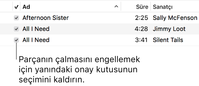 Müzikler’de Parçalar görüntüsüne ait, soldaki onay kutularını da gösteren ayrıntılı bilgiler. Bir parçanın çalmasını engellemek için yanındaki onay kutusunun seçimini kaldırın.