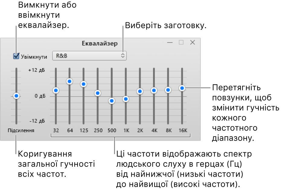 Вікно еквалайзера. Прапорець увімкнення еквалайзера iTunes розташована у верхньому лівому куті. Поруч із нею розміщено спливне меню із заготовками еквалайзера. На лівому краї можна редагувати загальний рівень гучності частот у попередньому підсилювачі. Під заготовками еквалайзера можна коригувати рівень гучності різних діапазонів частот, що представляють спектр звуків, які здатне розрізнити людське вухо (від найнижчого до найвищого).