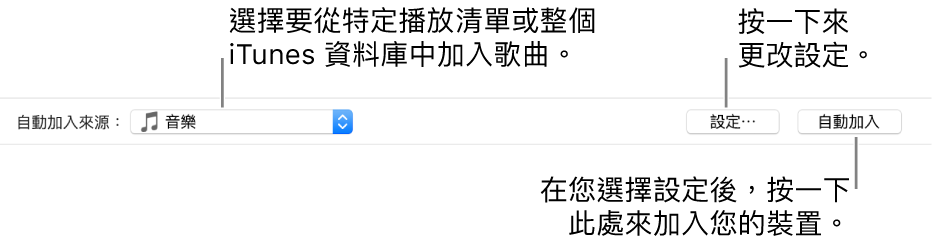 「自動加入」選項位於「音樂」面板底部。最左側是「自動加入來源」快顯功能表，您可以選擇要從播放清單或從整個資料庫加入歌曲。右側有兩個按鈕：「設定」可用來更改各種「自動加入」選項，以及「自動加入」。當您按一下「自動加入」，您的裝置會加入符合條件的歌曲。