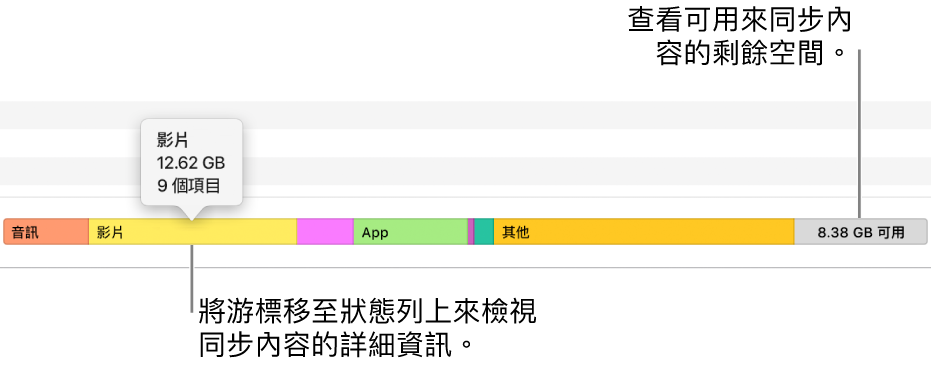 將游標移至視窗底部的狀態列來檢視同步內容的詳細資訊，並查看還剩餘多少空間可容納更多內容。