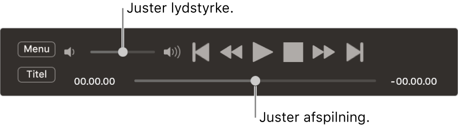 Betjeningspanelet for Dvd-afspiller med lydstyrkemærket øverst til venstre og spillelinjen nederst. Træk spillelinjen for at gå til et andet sted.
