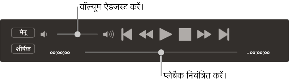 DVD Player कंट्रोलर, शीर्ष-बाएँ एरिया में स्लाइडर है और नीचे स्क्रबर है। गाने के विभिन्न स्थान के लिए स्क्रबर को ड्रैग करें।