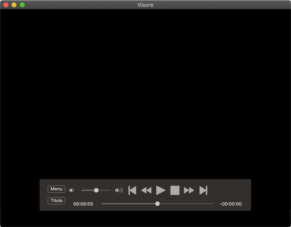 Il controller di DVD Player, con il cursore del volume in alto a sinistra e la barra di scorrimento in basso. Trascina il cursore per spostarti in un punto diverso.