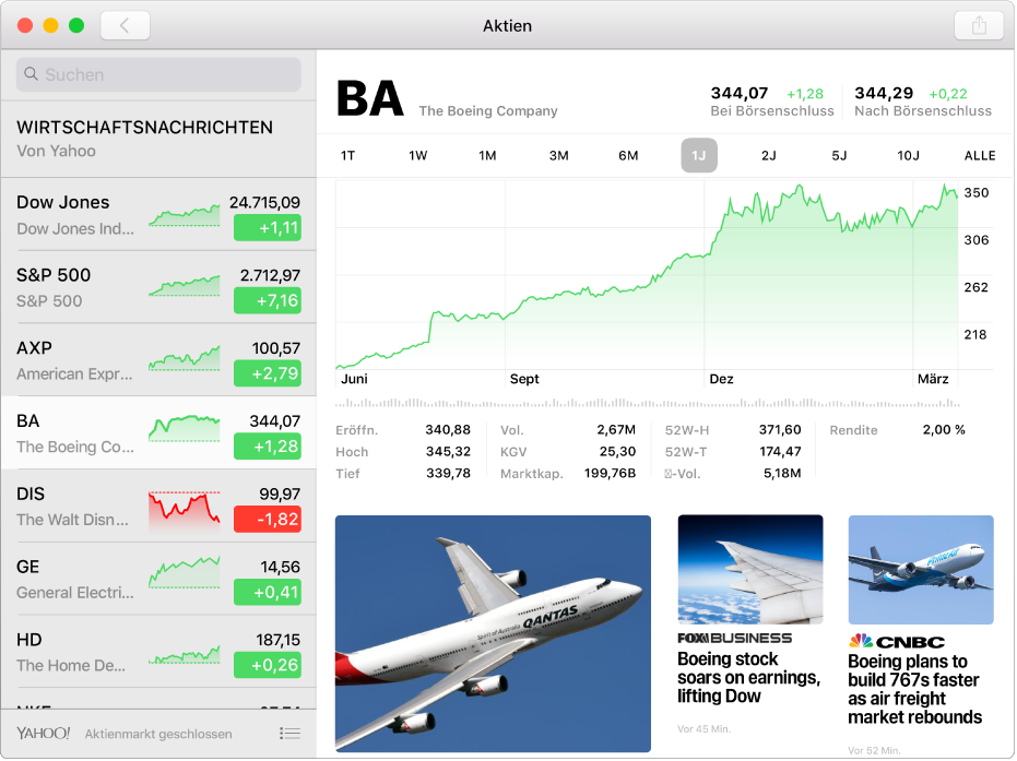 Ein Fenster „Aktien“ mit der Aktienliste links, einem Diagramm oben rechts und News-Schlagzeilen unten rechts
