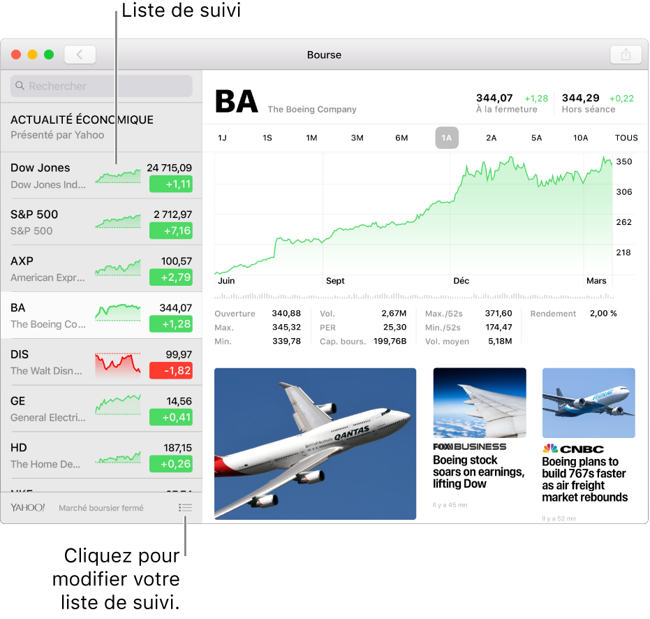 Fenêtre Bourse affichant la liste de suivi sur la gauche avec un symbole d’action sélectionné, et le graphique et le flux d’actualité correspondant dans la sous-fenêtre de droite.