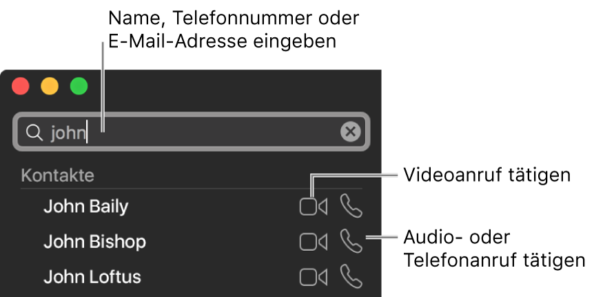 Gib einen Namen, eine Rufnummer oder eine E-Mail-Adresse in die Suchleiste ein. Klicke auf die Taste „Video“, um einen FaceTime Videoanruf zu tätigen. Klicke auf die Audiotaste, um einen FaceTime-Audioanruf oder ein Telefongespräch zu führen.