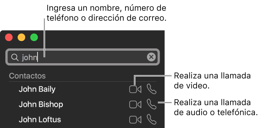Ingresa un nombre, un número de teléfono o una dirección de correo electrónico en la barra de búsqueda. Haz clic en el botón Video para realizar una llamada de video de FaceTime. Haz clic en el botón Audio para realizar una llamada de audio de FaceTime o de teléfono.