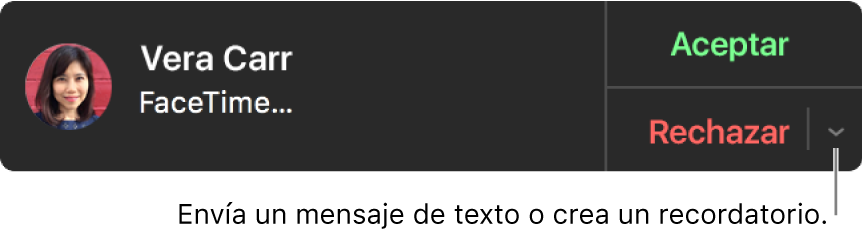 Haz clic en la flecha situada junto a Rechazar en la notificación para enviar un mensaje de texto o crear un recordatorio.