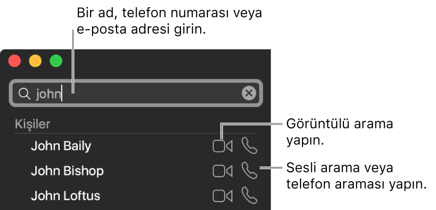 Arama çubuğunda bir ad, telefon numarası veya e-posta adresi girin. FaceTime’da görüntülü arama yapmak için Görüntülü düğmesini tıklayın. Bir sesli FaceTime araması veya telefon araması yapmak için Sesli Düğmesini tıklayın.