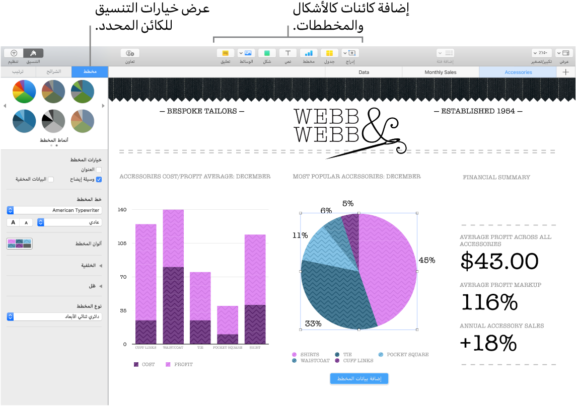 نافذة Numbers مع وسائل شرح تشير إلى فئات الكائنات التي يمكن إضافتها، وإلى خيارات تنسيق الكائنات.