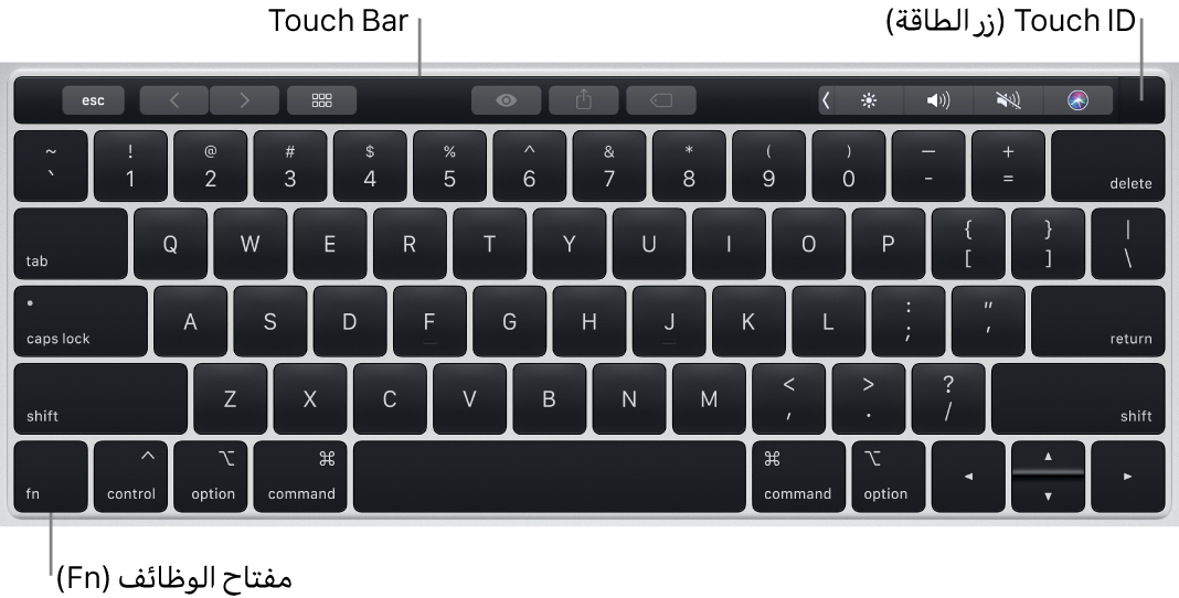 لوحة مفاتيح MacBook Pro يظهر بها الـ Touch Bar، وTouch ID (مفتاح الطاقة)، ومفتاح الوظيفة Fn في الزاوية السفلية اليسرى منها.