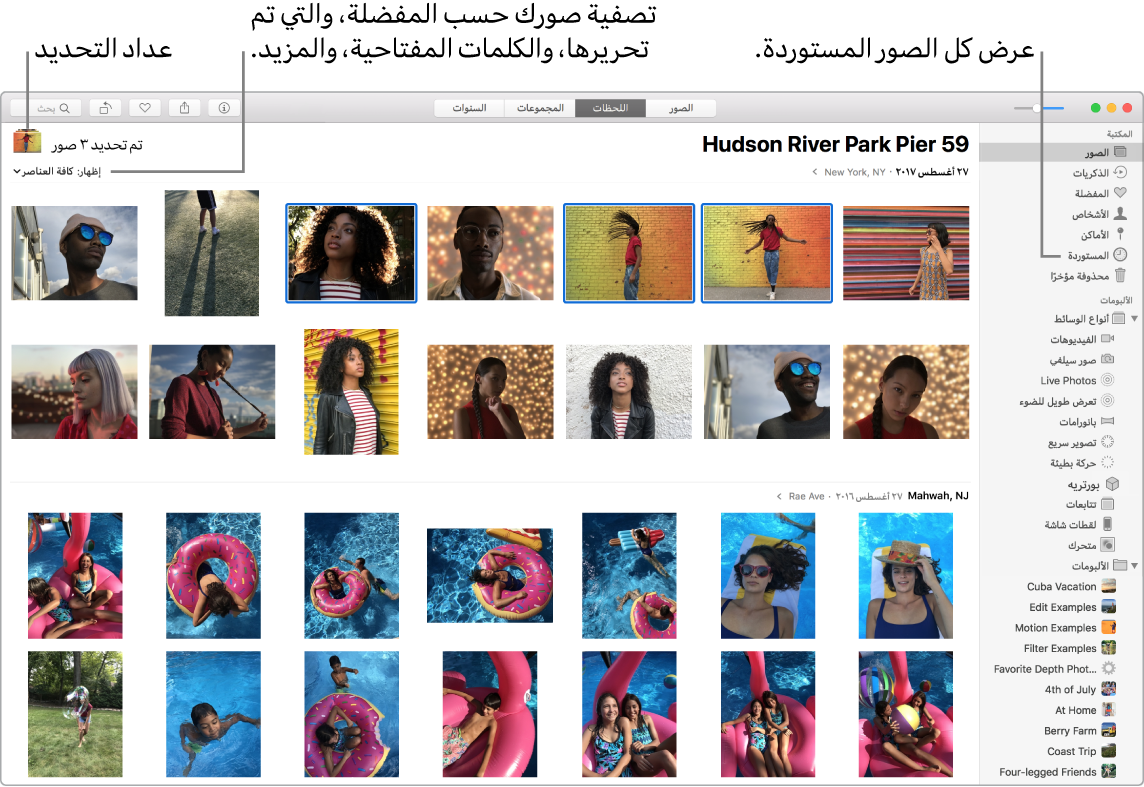 نافذة تطبيق الصور تُظهر عدة صور تم تحديدها وكيفية تصفية الصور في الألبوم وكيفية استخدام الشريط الجانبي.
