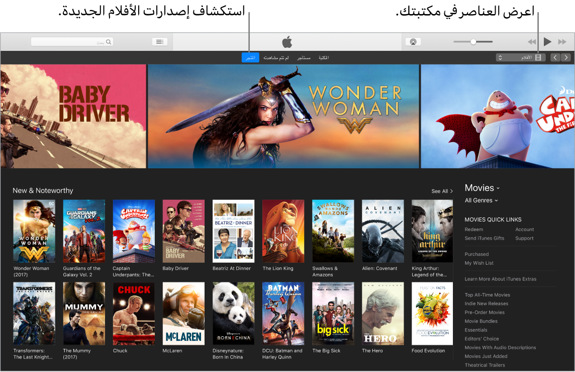 نافذة iTunes توضح كيفية عرض مكتبتك، والاشتراك في Apple Music، واستعراض الإصدارات الجديدة.