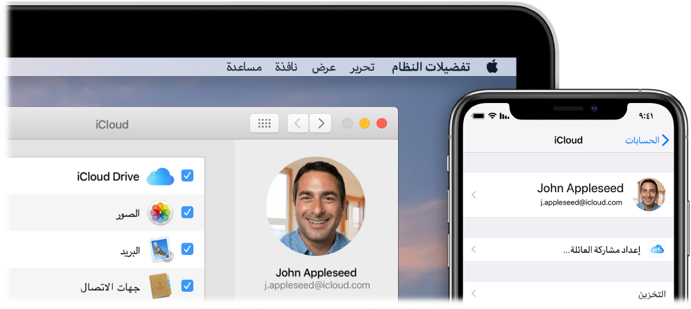 جهاز iPhone يعرض إعدادات iCloud وشاشة Mac تعرض نافذة iCloud.