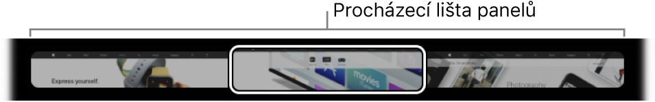 Procházecí lišta panelů na Touch Baru v Safari. Na liště se zobrazují malé náhledy jednotlivých otevřených panelů
