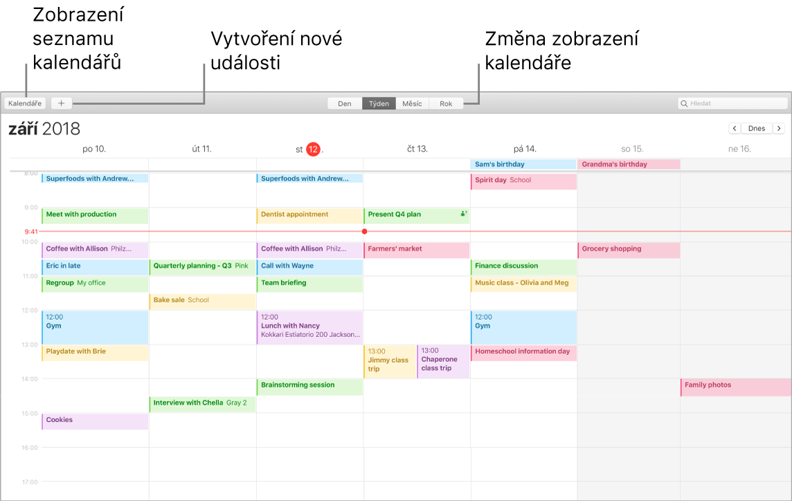 Okno Kalendáře s popisky ukazujícími, kde můžete přidat událost, zobrazit seznam kalendářů nebo vybrat zobrazení Den, Týden, Měsíc či Rok