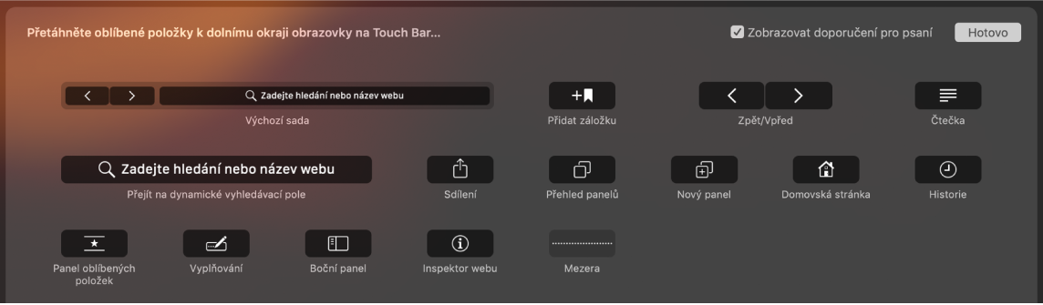 Volby přizpůsobení Safari, které lze přetáhnout na Touch Bar