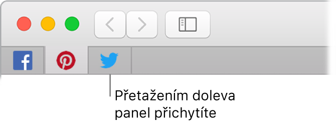 Okno Safari zobrazující postup přišpendlení panelu na řádek panelů.