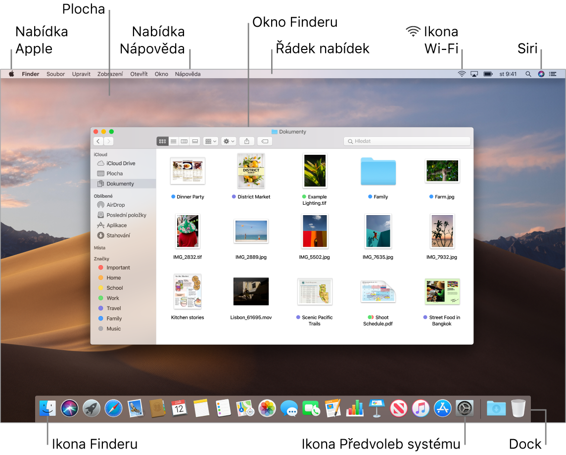 Obrazovka Macu, na níž je vidět nabídka Apple, plocha, nabídka Nápověda, okno Finderu, řádek nabídek, ikona Wi-Fi, ikona Siri, ikona Finderu, ikona předvoleb systému a Dock
