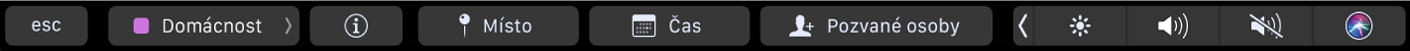 Touch Bar v Kalendáři s tlačítky pro výběr kalendáře, pro zobrazení podrobností o události, pro úpravu místa a času a pro přidání pozvaných osob