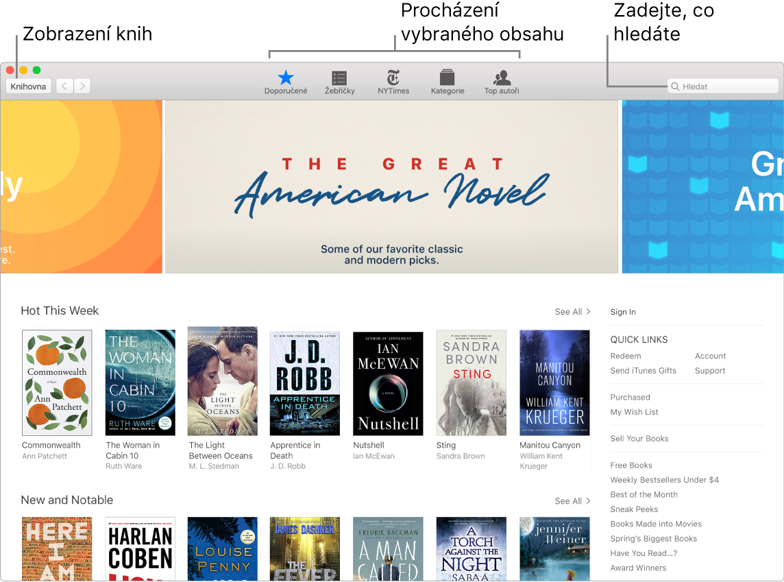 Okno Apple Books zobrazující postup, jak si prohlížet knihy a jak procházet nebo hledat spravovaný obsah