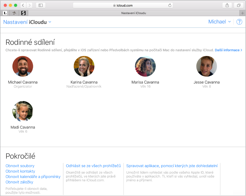 Okno Safari s nastavením rodinného sdílení na webových stránkách iCloud.com