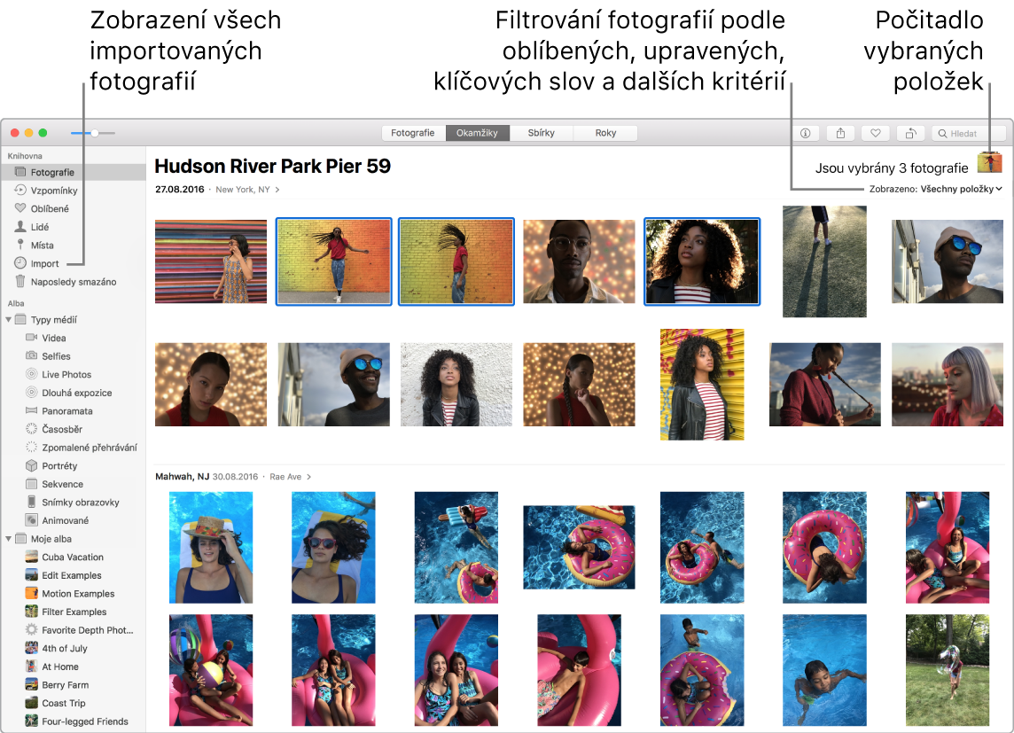 Okno aplikace Fotky s několika vybranými fotkami, pokyny pro filtrování fotek a pokyny pro použití bočního panelu