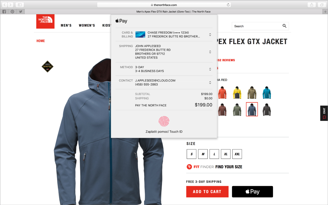 Snímek obrazovky s probíhajícím nákupem na internetu prostřednictvím Apple Pay