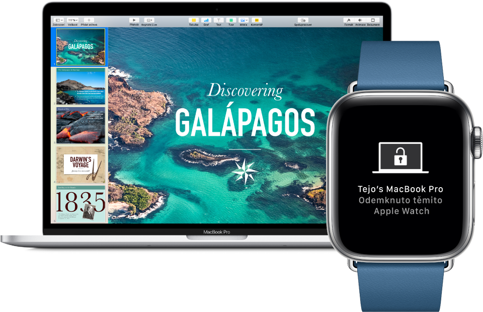 Apple Watch vyobrazené nad MacBookem Pro se zprávou, že Mac byl pomocí Apple Watch odemčen