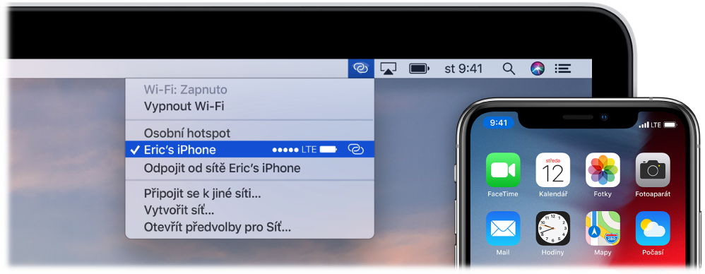 Obrazovka Macu s nabídkou Wi-Fi, v níž se zobrazuje připojení k osobnímu hotspotu na iPhonu