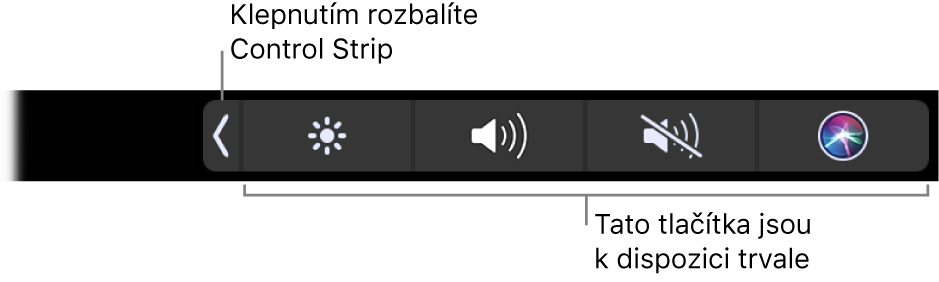 Část obrazovky s výchozím Touch Barem, na němž se zobrazuje sbalený Control Strip. Klepnutím na rozbalovací tlačítko zobrazíte celý Control Strip