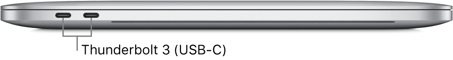 Pohled zleva na MacBook Pro s popisky portů Thunderbolt 3 (USB‑C)