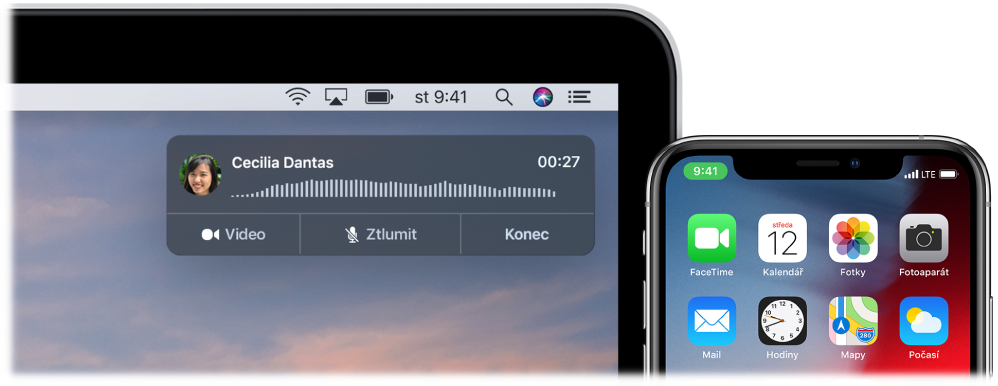 Obrazovka Macu, na níž je v pravém horním rohu vidět okno oznámení hovoru, a iPhone s informací o probíhajícím hovoru na Macu