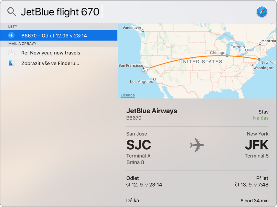 Okno Spotlightu s mapou a informacemi o vyhledaném letu