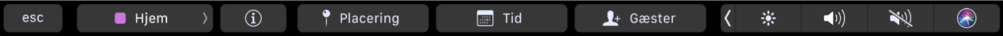 Touch Bar til Kalender med knapper til valg af kalendere, oplysninger om begivenheder, redigering af lokalitet, redigering af tid og tilføjelse af gæster.