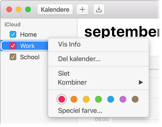 Genvejsmenu til Kalender med muligheder til tilpasning af en kalenders farve.