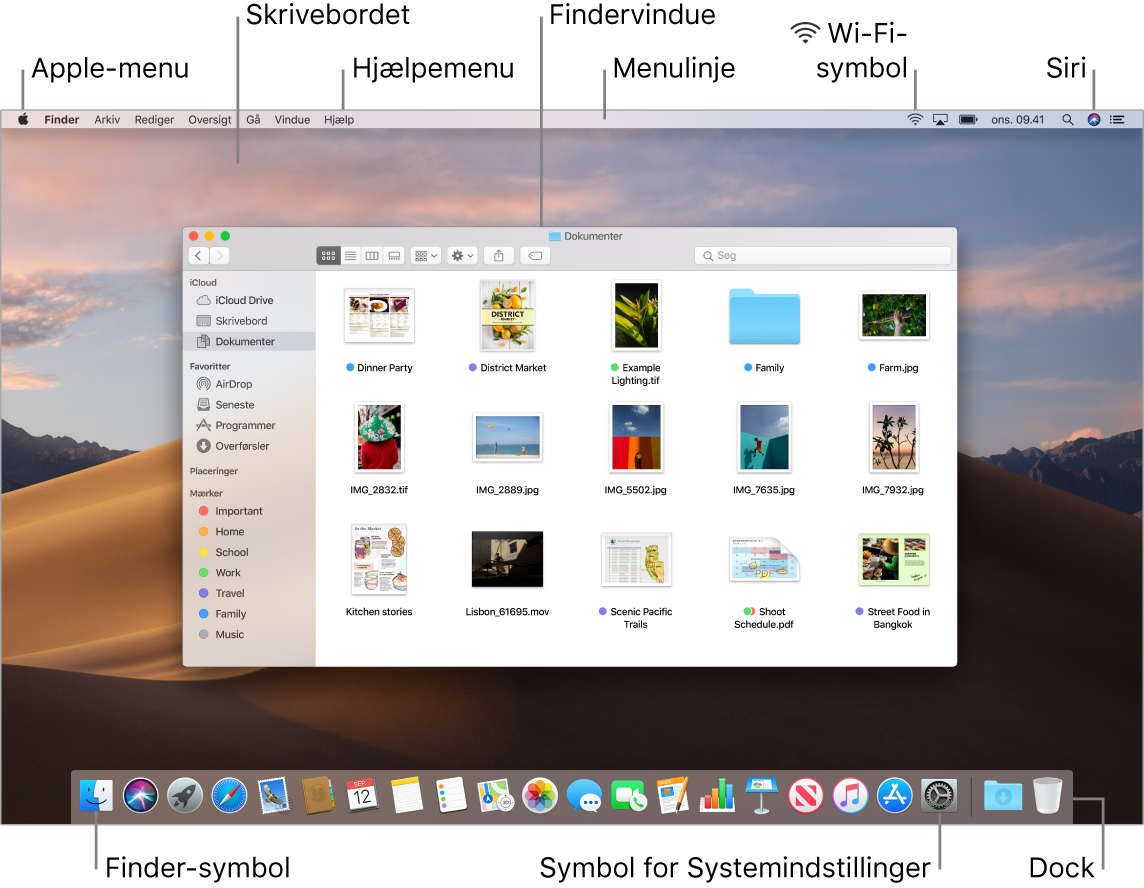 En Mac-skærm med billedforklaringer til Apple-menuen, skrivebordet, Hjælpemenuen, et Findervindue, menulinjen, Wi-Fi-symbolet, symbolet for Spørg Siri, symbolet for Finder, symbolet for Systemindstillinger og Dock.