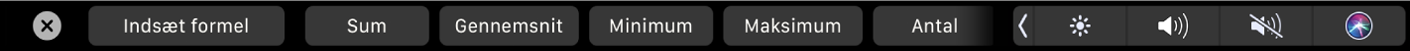 Touch Bar til Numbers med formelknapperne. Disse inkluderer sum, gennemsnit, minimum, maksimum og tæl.