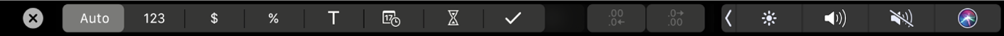 Touch Bar til Numbers med formateringsknapperne vist. Disse inkluderer valuta, procent, tal, tekst, dato, varighed og tjekliste.
