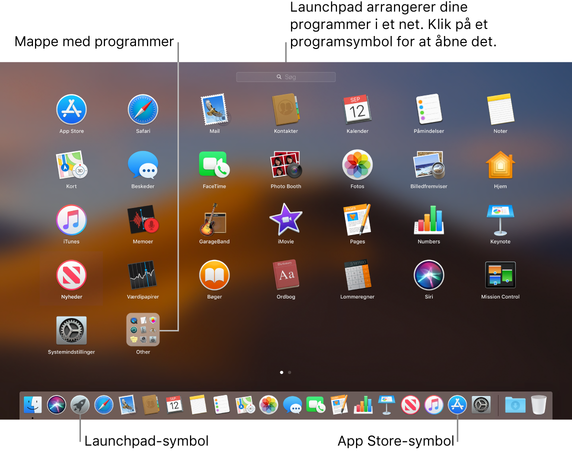 Skærm på Mac med Launchpad åben, en mappe med programmer i Launchpad, symbolet for Launchpad og symbolet for Mac App Store i Dock.