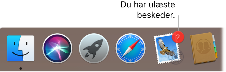 En del af Dock, der viser symbolet for programmet Mail med et etiket, som viser antallet af ulæste beskeder.