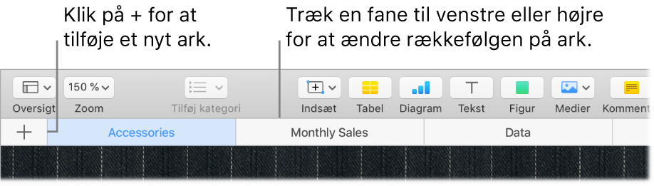 Numbers-vindue, der viser, hvordan du tilføjer et nyt ark og flytter rundt på ark.