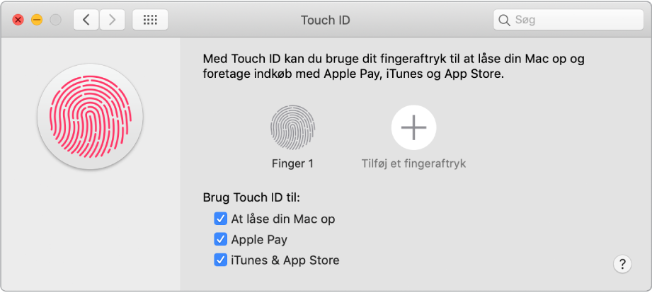 Vinduet til Touch ID-indstillinger med indstillinger til tilføjelse af fingeraftryk og brug af Touch ID til at låse din Mac op, brug af Apple Pay og køb i iTunes Store, App Store og Apple Books.