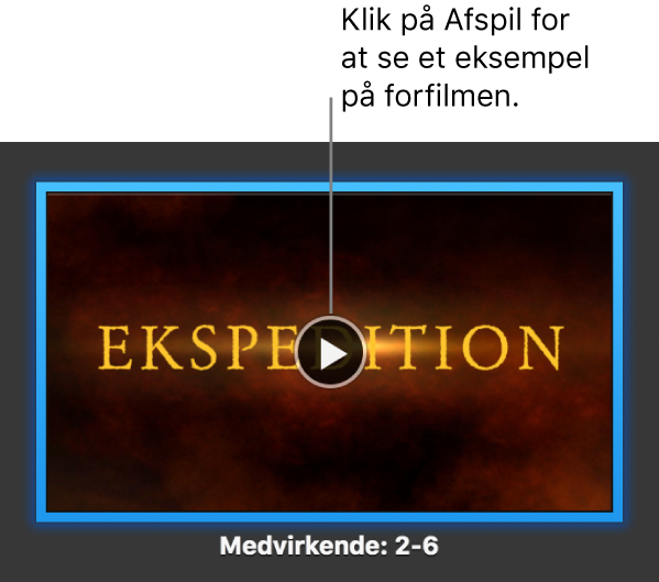 En skærm med en iMovie-forfilm, der viser knappen Afspil.