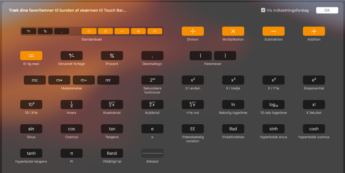 De emner, som du kan tilpasse på Touch Bar til Lommeregner ved at trække dem til Touch Bar, vises.