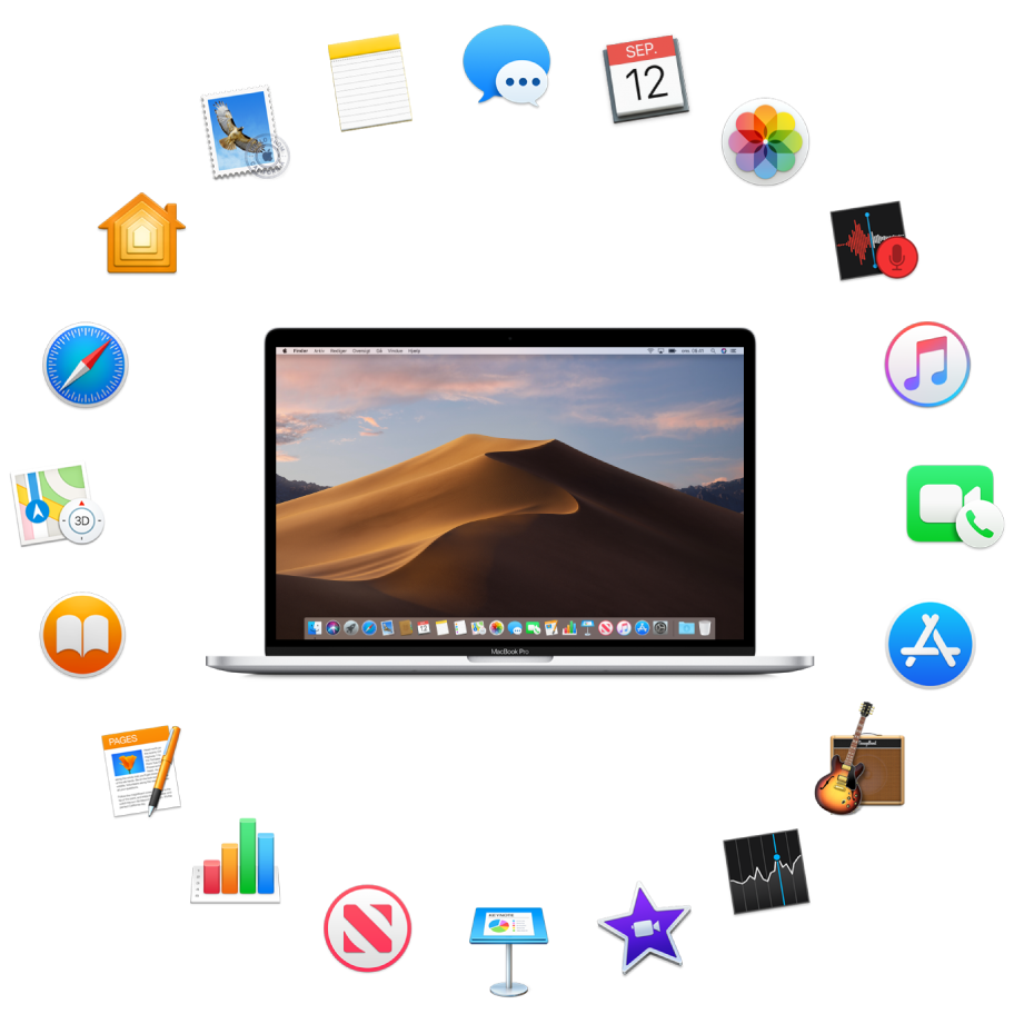 En MacBook Pro omgivet af symboler for de indbyggede programmer, der beskrives i de følgende afsnit.