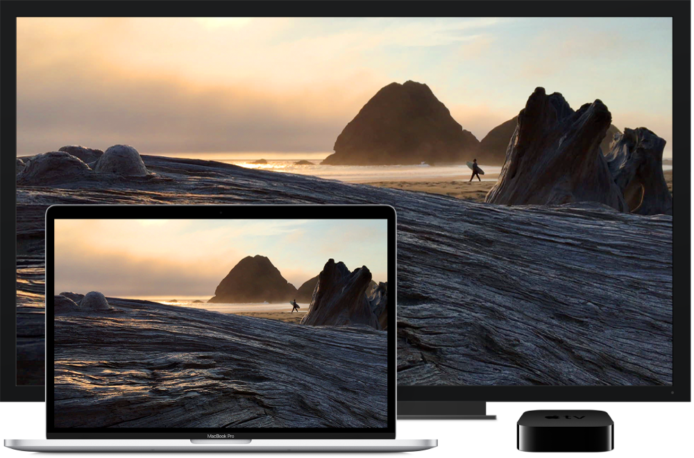 En MacBook Pro med indholdet dubleret på et stort HD-fjernsyn og en Apple TV-enhed.