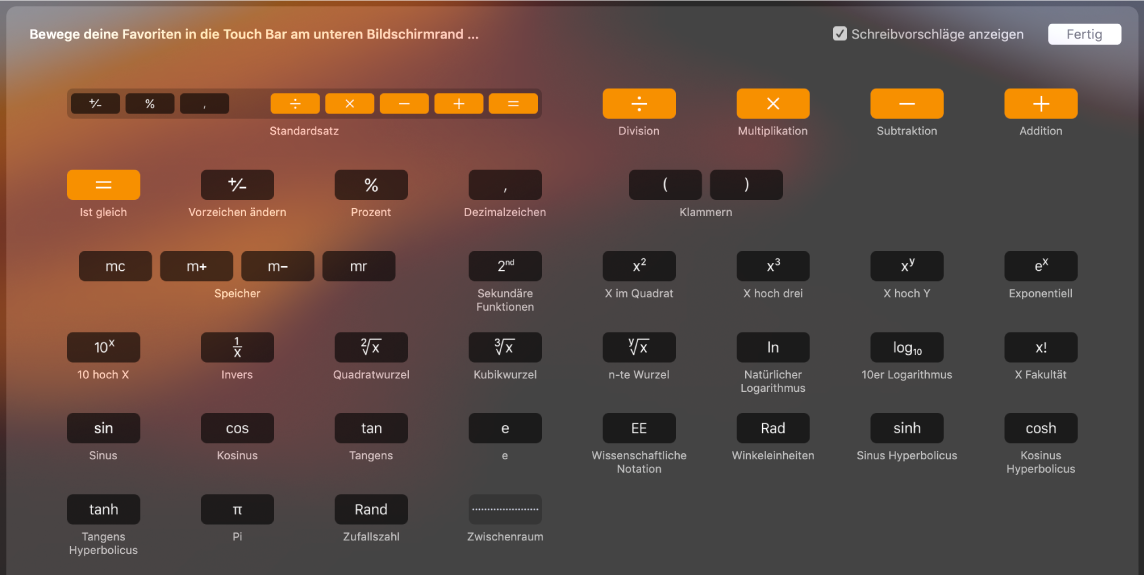 Die Objekte können angepasst werden, indem du sie in die Touch Bar bewegst.