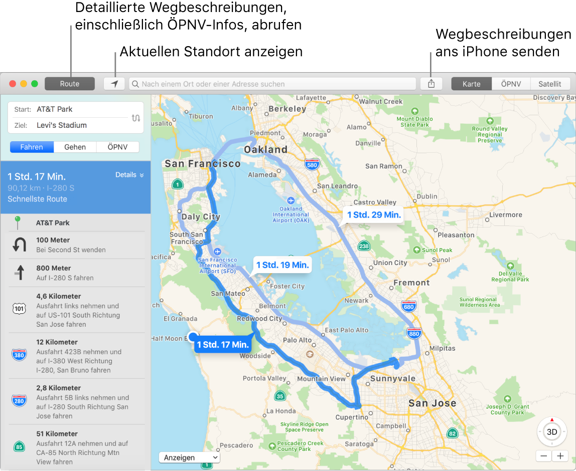 Karten-Fenster mit Informationen zum Anzeigen von Routen durch Klicken auf „Route“ oben links und zum Senden von Wegbeschreibungen ans iPhone mithilfe der Taste „Teilen“