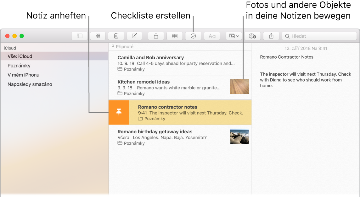 Notizen-Fenster mit hervorgehobener Taste „Checkliste“ und der Möglichkeit zum Hinzufügen eines Fotos in einer Notiz